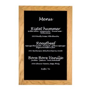 Velkomst & Menu tavle udfrt i Eg med tapsamling & messing nagler / sort skive tavle